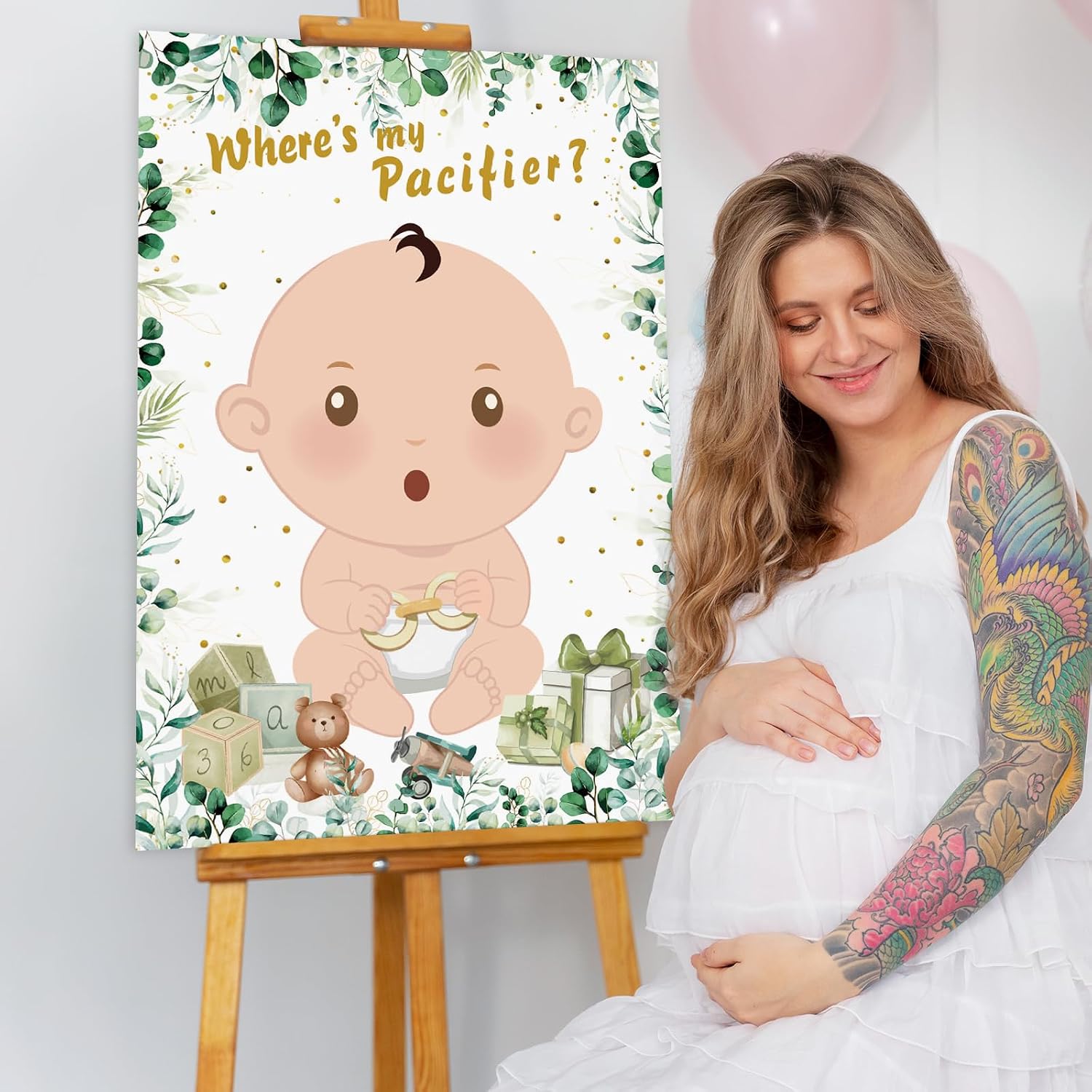 Hxezoc Baby Shower Games Pin The Pacifier On The Baby Game with 36 Pacifier Stickers, Large Green Baby Poster Games for Baby Shower Party Kids Birthday Party Supplies