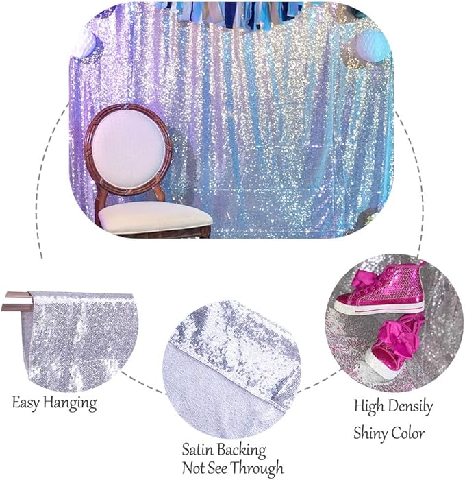 SquarePie Sequin Backdrop Not See Through Thick Stain Background for Photography Glitter Curtain Party 8FT x 8FT Silver