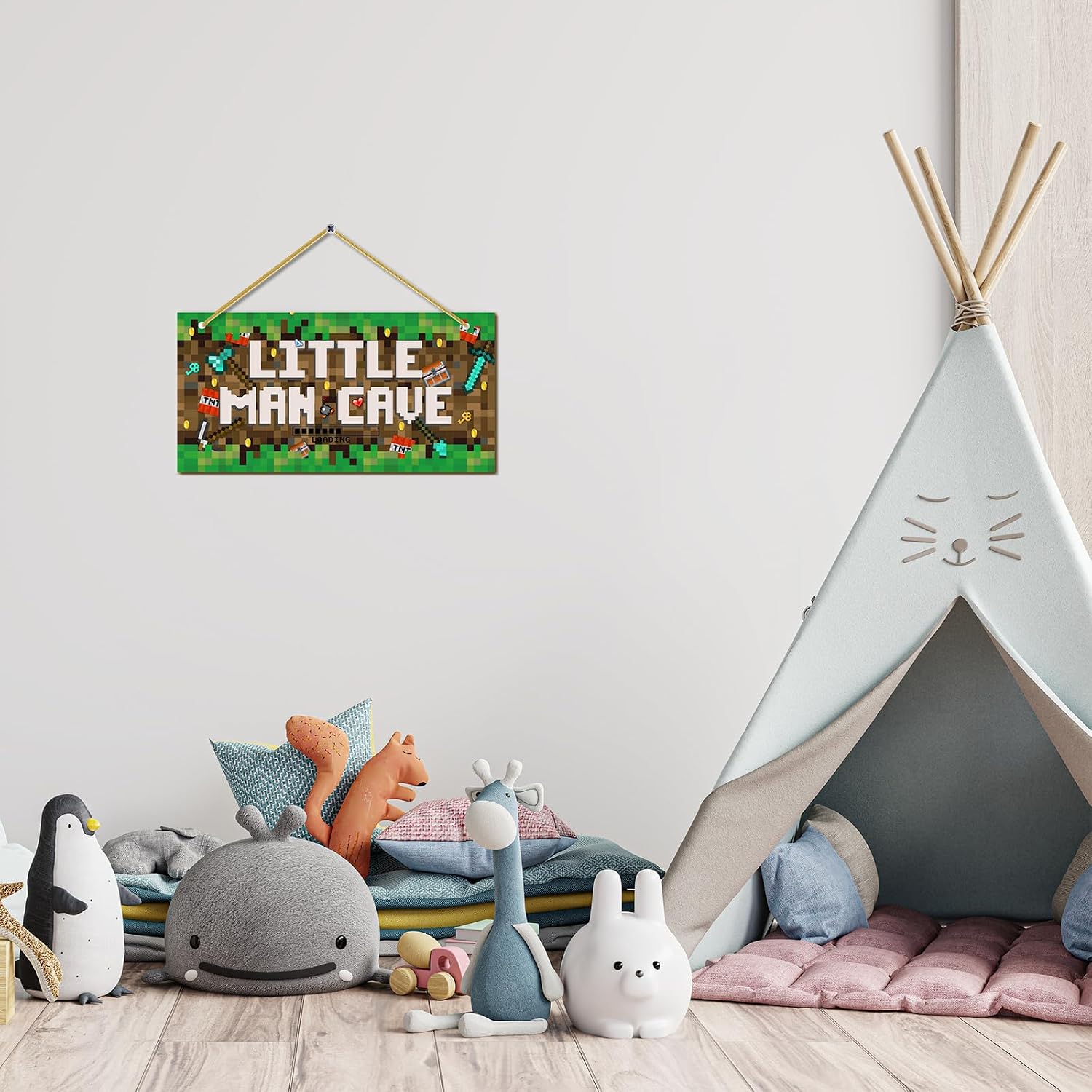 Little Man Cave, Boys Pixel Gaming Room Decor Wooden Door Sign for Gamer Room, Baby Boys Bedroom Wall Decorations for Nursery Toddler Nursery Playroom Wall Art