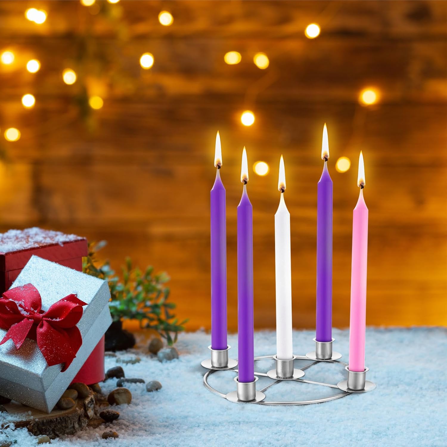 Newtay 1 Pack Christmas Advent Wreath Candle Holder 5 Candle 8.5 Inch Advent Wreath Ring Table Decoration Xmas Metal Ring for Christmas Holiday Home Decor (Silver)