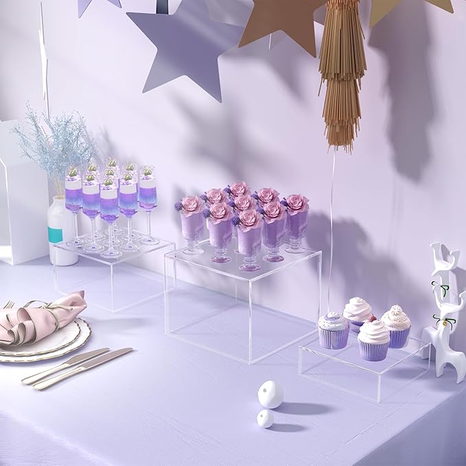 Buffet Risers, Food Display Risers for Party, Crystal Clear Acrylic Risers Display Stand for Buffet Table, Catering Displays for Dessert, Cube Box Nesting Riser with Hollow Bottom