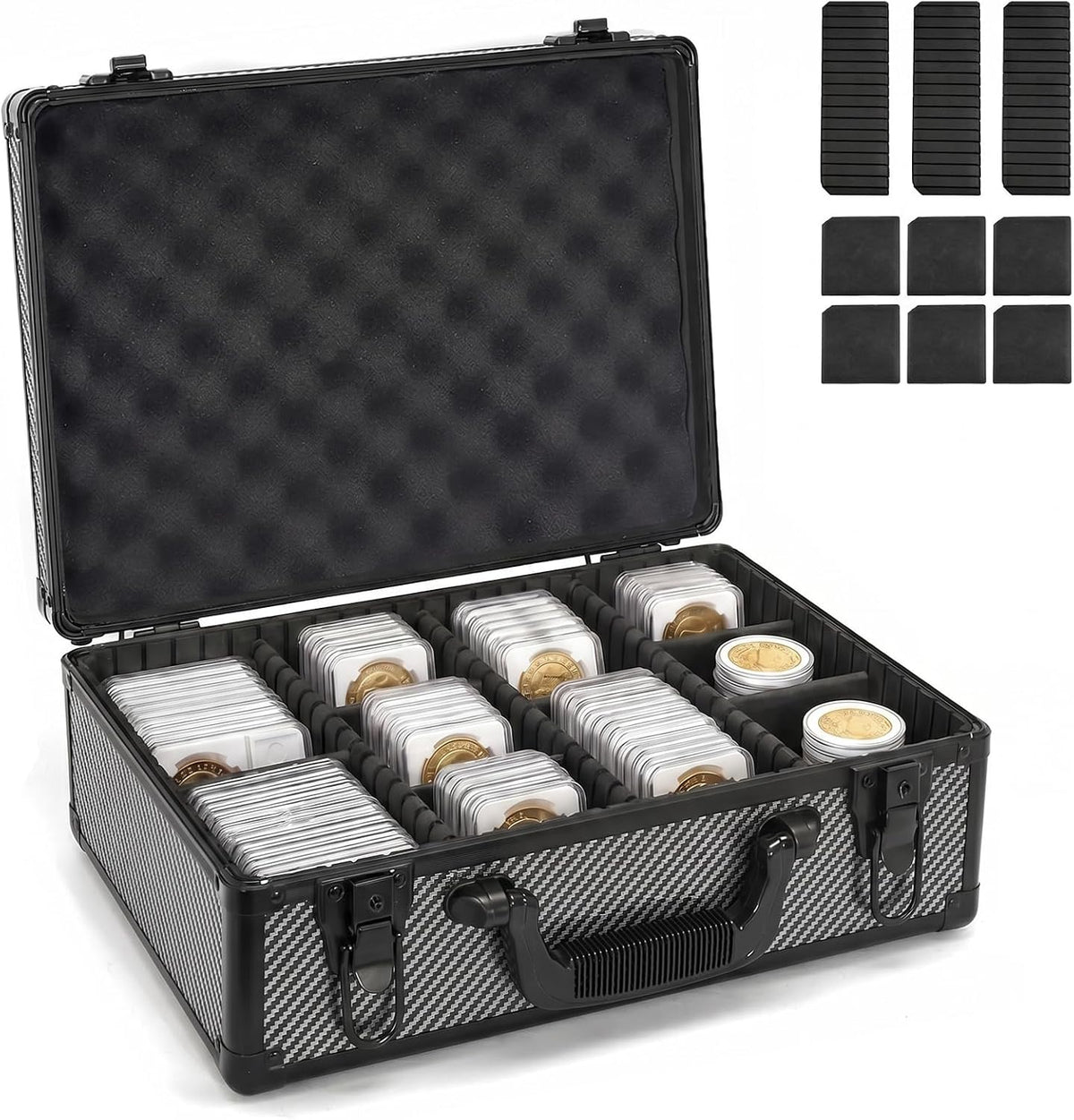 LOCKCURX Carbon Fiber Coin Collection Case, 120 Slab & 1400 Capsule