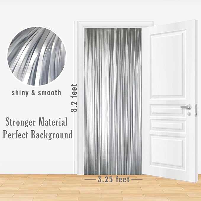 GOER 3.2 ft x 8.2 ft Metallic Tinsel Foil Fringe Curtains Party Photo Backdrop Party Streamers for Birthday,Graduation,New Year Eve Decorations Wedding Decor (1 Pack,Matte Silver,Thick Material)