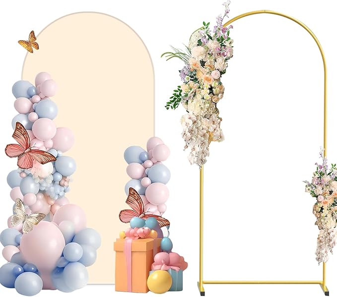 Metal Arch Backdrop Stand and Cover Set, 6FT Beige Reusable Spandex Fitted Backdrop Cover and Gold Wedding Arch Frame for Baby Shower, Birthday, Parties Decoration.