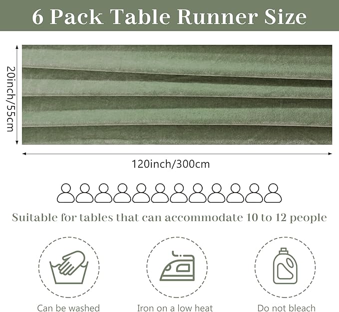Velvet Table Runner 20 x 120 Inches 10ft Luxurious Thick Soft Velvet Christmas Thanksgiving Wedding Reception Table Runner for Party Reception Decorations(Sage Green, 6 Pack)