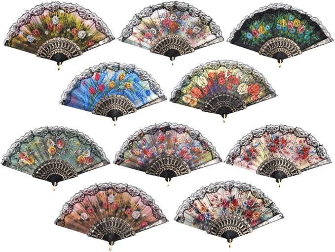 HUNANBANG 1 Dozen 12 Pieces Folding Hand Fans Church Wedding Gift, Party Favors, DIY Decoration Gift Size9 Wholesale 12pack (Flower)