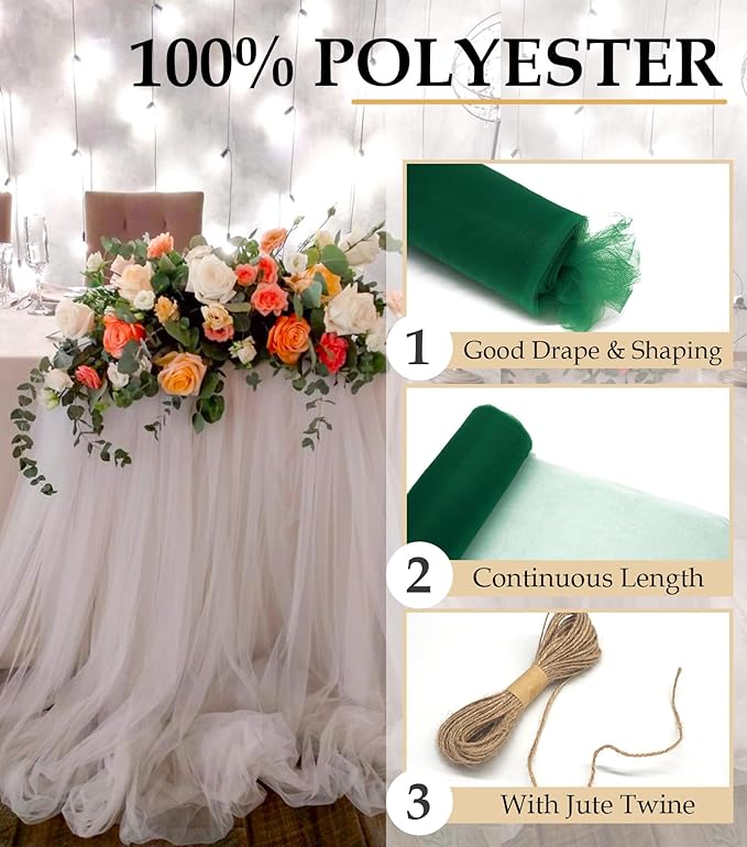 Hunter Green Tulle Fabric Roll, 54" x 40 Yards (120FT) Tulle for Christmas Wedding Decoration DIY Tutu Party Backdrop Baby Shower Table Skirts Gift Wrapping