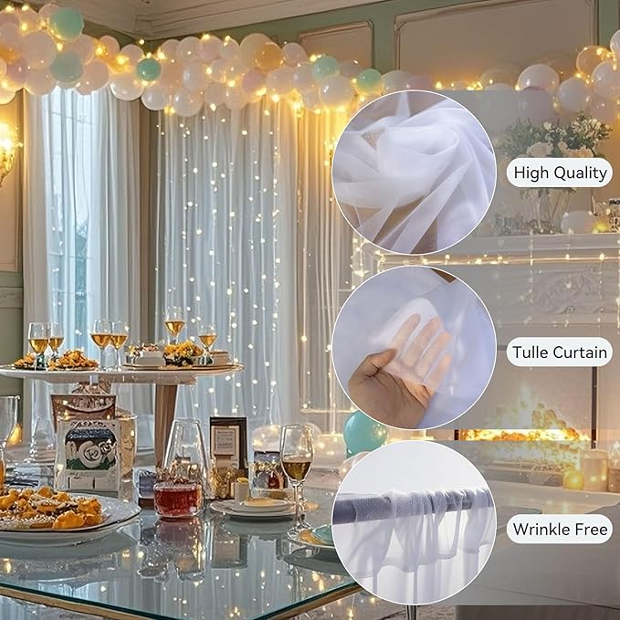 10×10ft Tulle Backdrop Curtains with Lights String - 300LED Fairy Lights Sheer Curtain Backdrop for Weddings Baby Shower and Birthday Party Decorations(8 Panels 5×10ft)