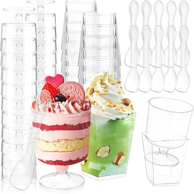 300 Packs Dessert Cups with Spoons, 5 OZ Mini Clear Plastic Disposable Parfait Cups, Small Serving Bowl for fruit ice cream pudding, Square Dessert Shot Glasses Round Goblets for Fall party