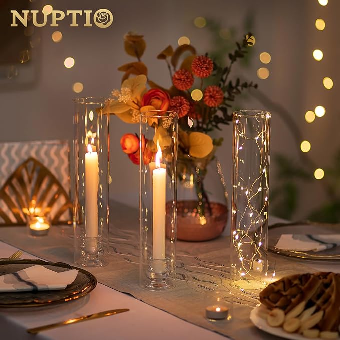 NUPTIO Candlestick Holder Bulk for Centerpiece: Set of 10 Hurricane Glass Taper Candles Holder - Clear Candle Stick Stand with Tall Cylinder Shade for Fall Thanksgiving Christmas Party Decor