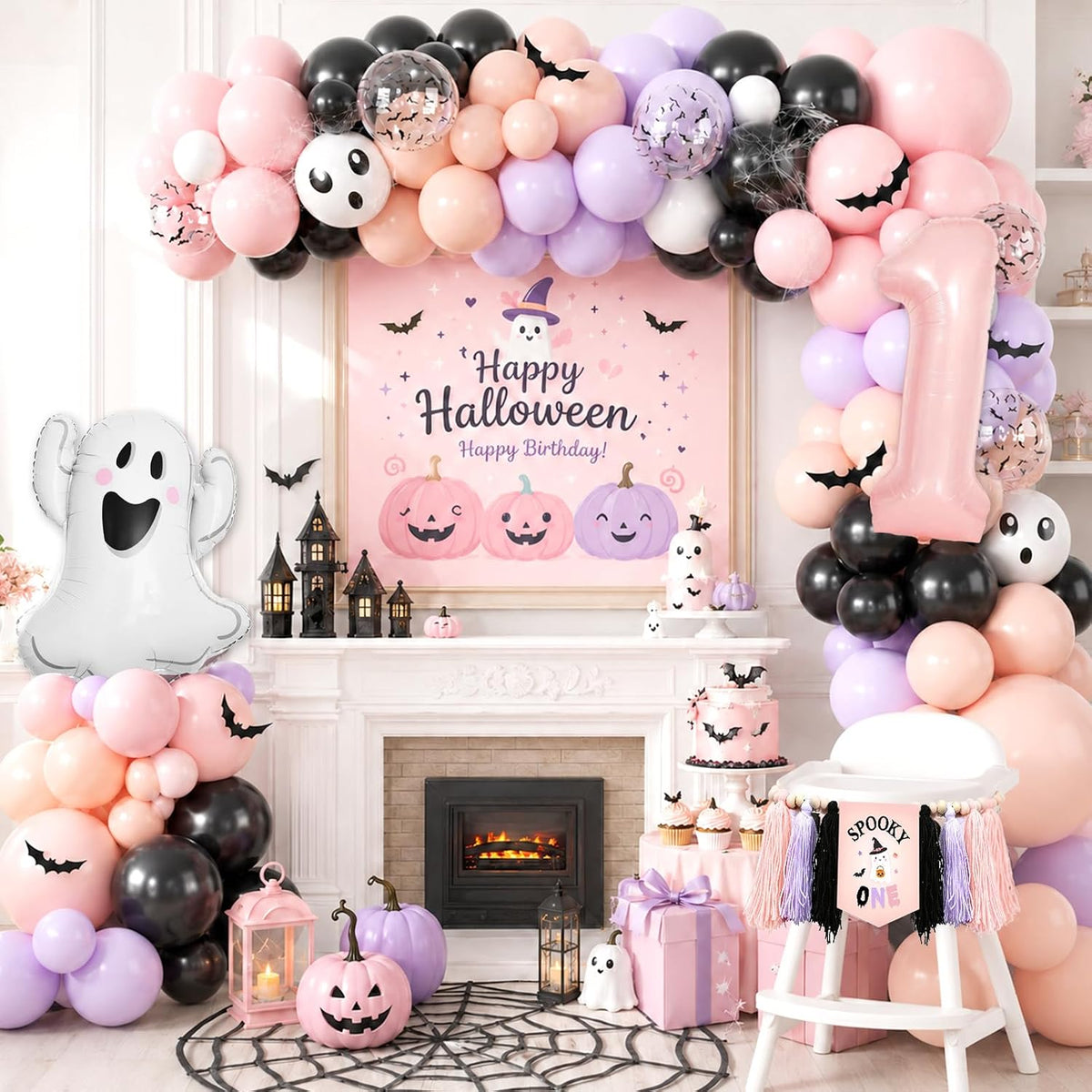 Spooky One Birthday Decorations Girl, 276 Pcs Pink Halloween 1st Birthday Par...