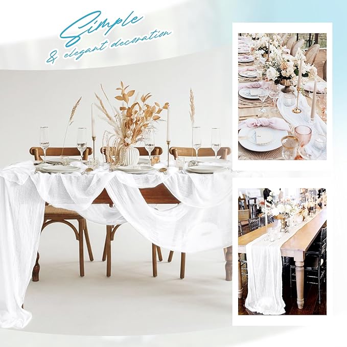 Aktor 12 Pack White Table Runner Boho Cheesecloth Table Runner Semi Sheer Gauze Fabric Runners for Wedding Birthday Baby Shower Party Boho Table Decoration（White）