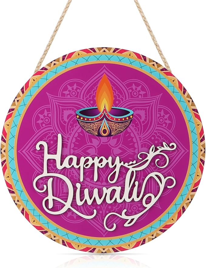 CHDITB Happy Diwali Decoration 3D Front Door Sign(12”x12”), Indian Festival of Lights Wall Hanging with Rangoli Diyas, Deepavali Themed Door Hanger for Front Door Porch Home Office Party