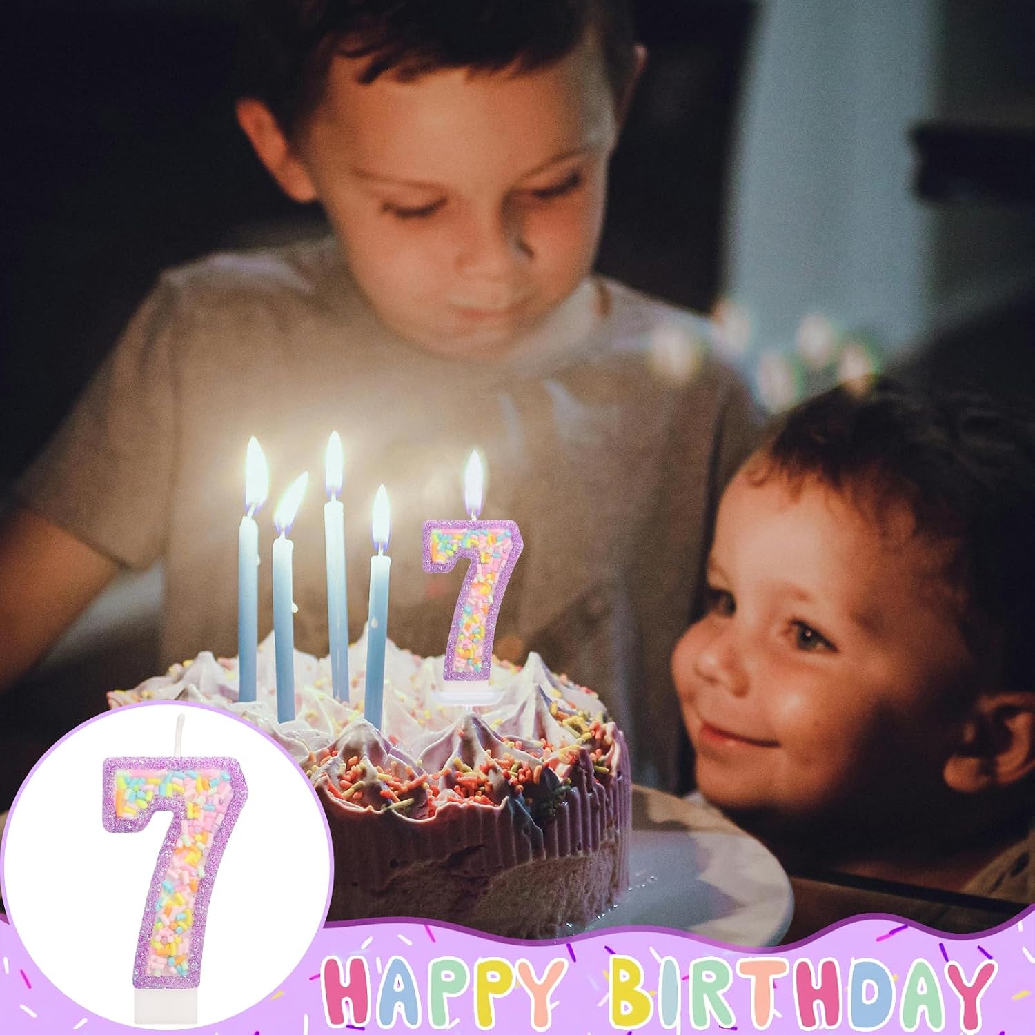 Number 7 Birthday Candle with Sprinkles, Pastel Purple Unicorn Rainbow Cake Topper, Sweet Candyland Party Decorations for Girl Boy 7th Birthday