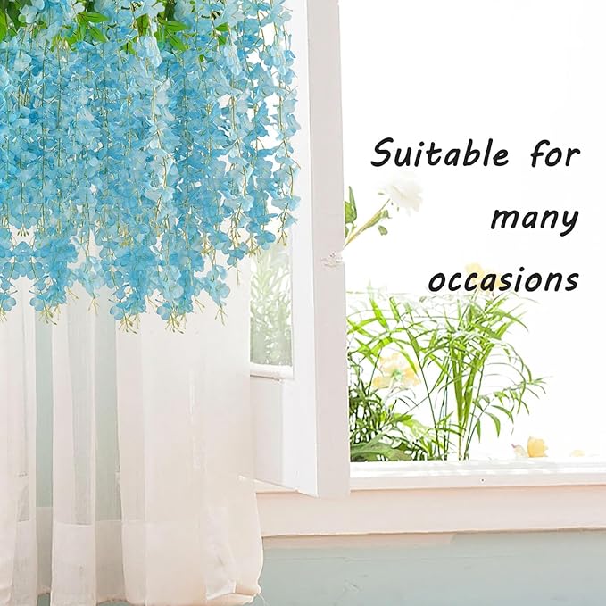 12 Pack Lake Blue Wisteria Hanging Flowers Garland with Lights, 3.44 Feet Artificial Flower Vines, Fake Wisteria, Artificial Vines Hanging Garland for Backdrop Outdoor Patio Garden Decor