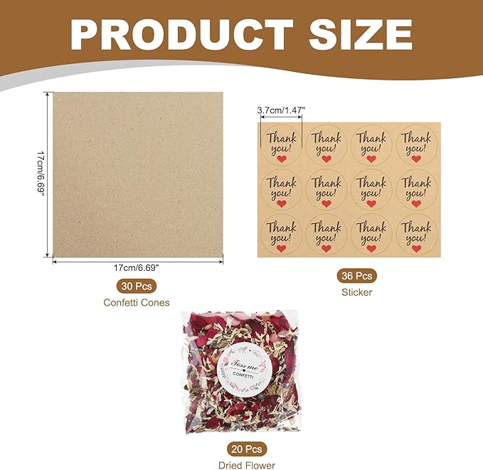 PATIKIL Dried Flower Confetti Cones, 30Pcs Paper Tapers Cone Holder with Dried Rose Petal / Sticker for Wedding Party Engagement Birthday DIY Decoration, Red