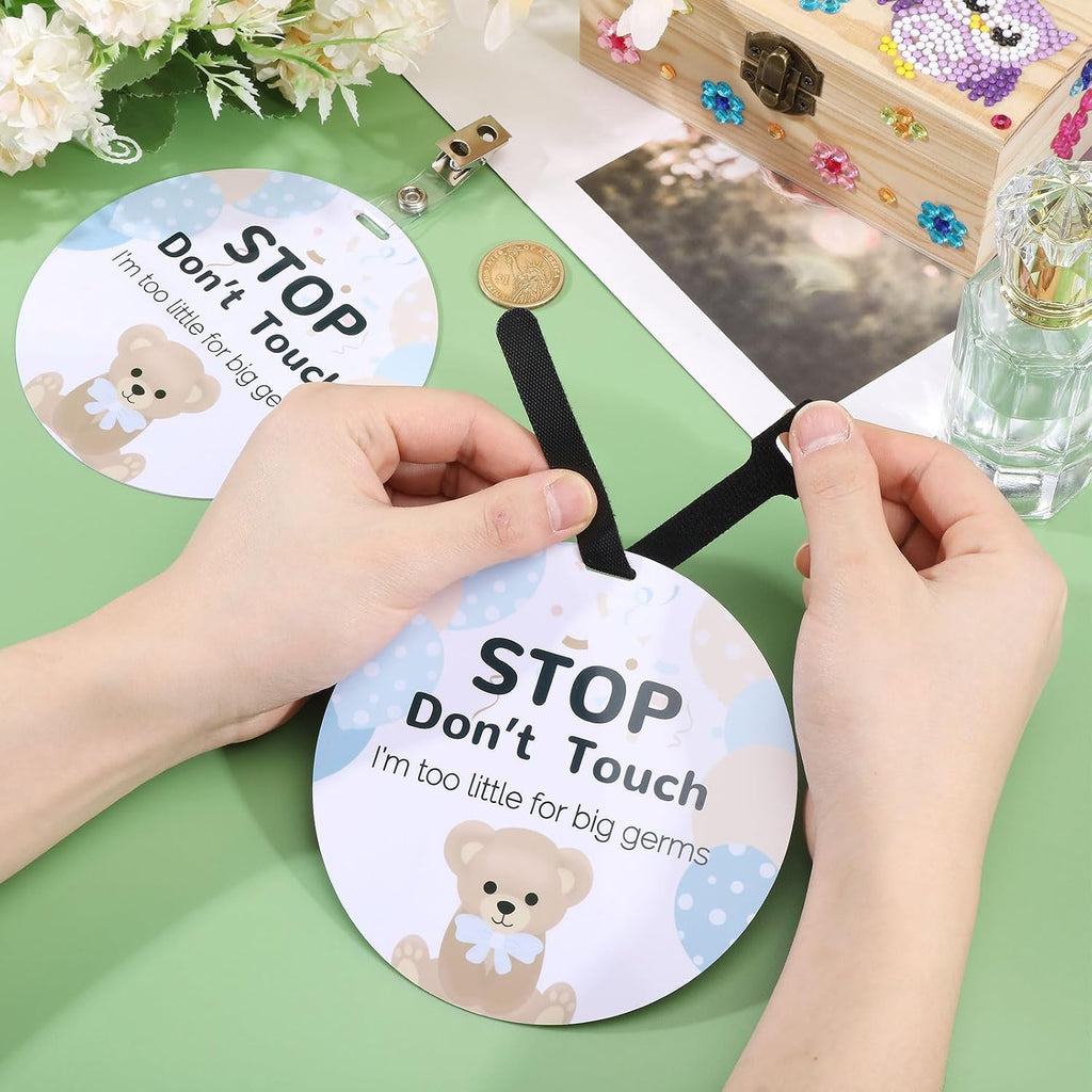 ORIGACH 2 Pack Bear No Touching Baby Signs, Stop Do Not Touch Baby Car Seat Sign Stroller Tags with Hanging Strap and Clip, No Touching Baby Sign for Newborn Baby Boy Girl
