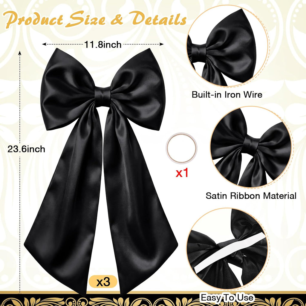 Suncalla 3 Pcs Large Black Bow Decor - 24 x 12 in Big Satin Bows Hanging Wall Decors for Crib Skirt Nursery Bedding Wedding Room Birthday Bridal Shower Christmas Fireplace Party Supplies