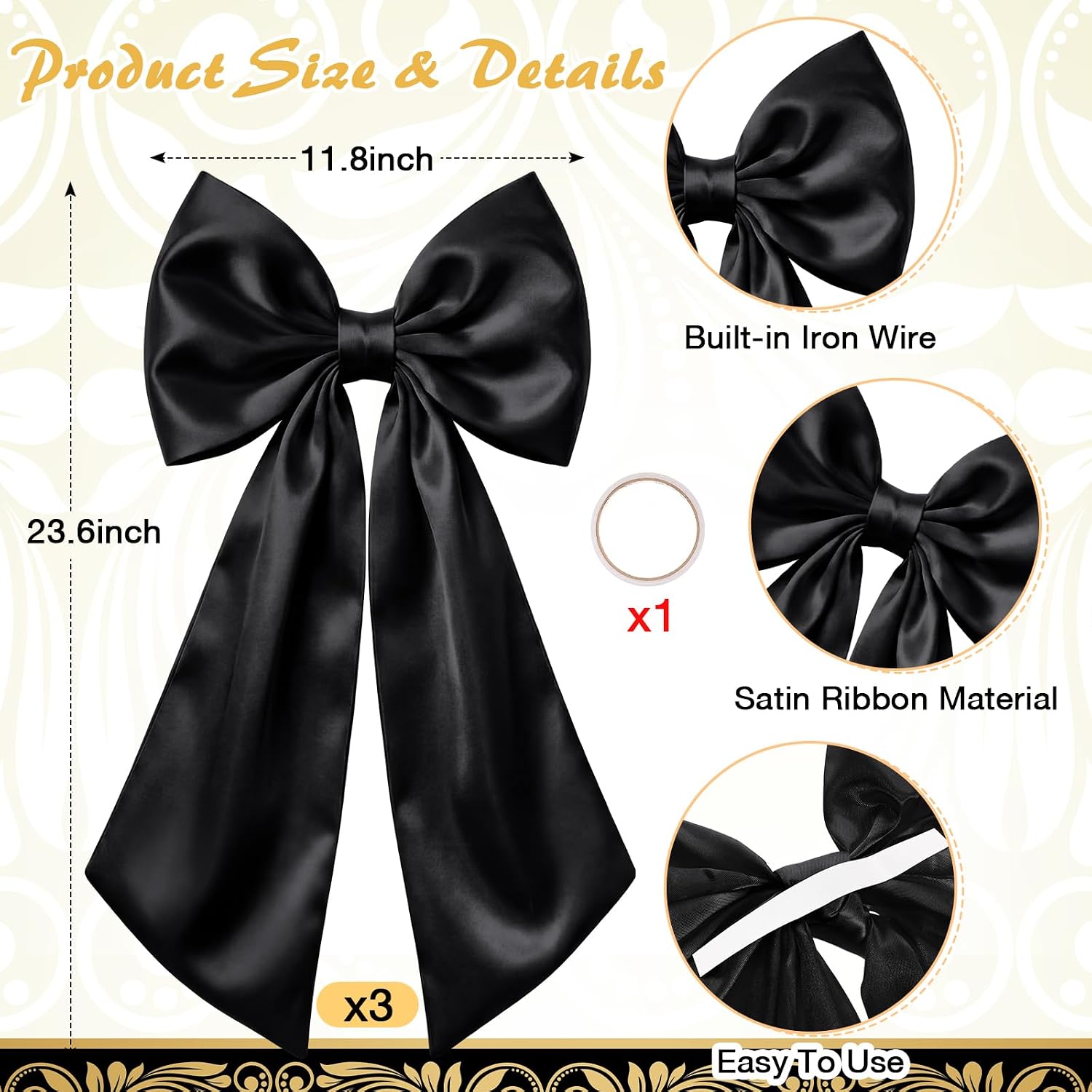 Suncalla 3 Pcs Large Black Bow Decor - 24 x 12 in Big Satin Bows Hanging Wall Decors for Crib Skirt Nursery Bedding Wedding Room Birthday Bridal Shower Christmas Fireplace Party Supplies