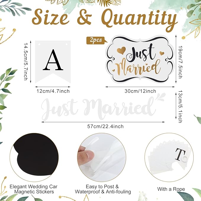 Tallew 4 Sets Just Married Car Decorations Ornate Magnets 12 x 7.5, Wedding Day Car Window Decals 5.1 x 22.4, Just Married Sign Banner Decorations for Honeymoon Wedding