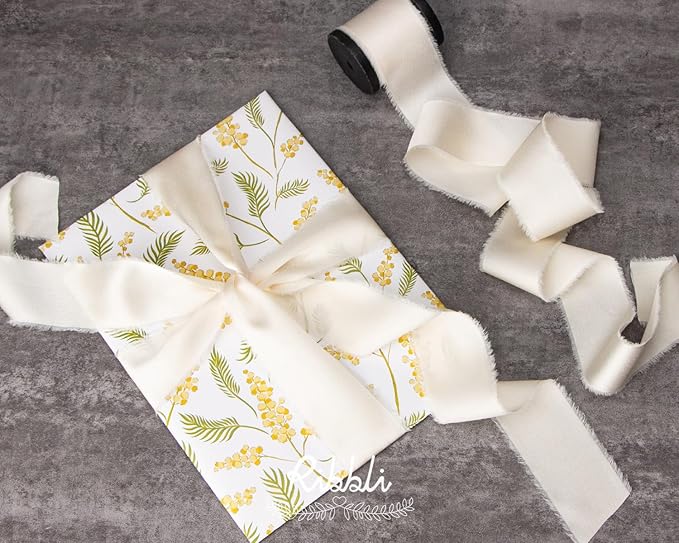 Ribbli Ivory Silk Satin Ribbon 1.5 Inch x 12 Yard Handmade Frayed Chiffon Ribbon with Wooden Spool for Gift Wrapping, Wedding Invitations, Bridal Bouquets, Home Decor