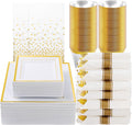 Goodluck 352 Piece Gold Dinnerware Set for 50 Guests, Thanksgiving Square Plastic Plates with Gold Trim, Include: 100 Plastic Plates, 50 Rolled Napkins, 50 Cups, 50 Cutlery Set and 2 Tablecloth