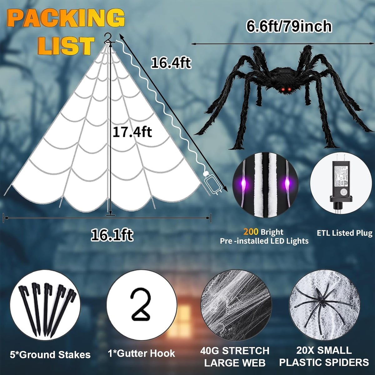 halloween decorations outdoor, 200 led halloween giant spider showing dimensions
