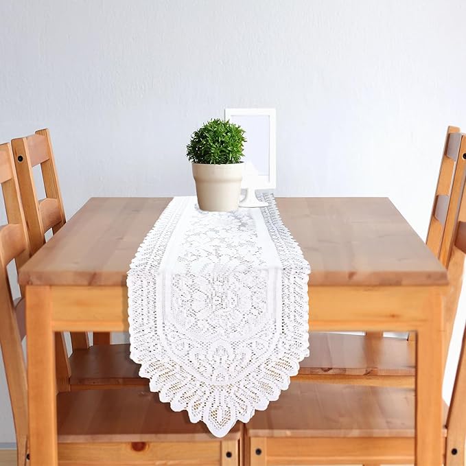 Tinsow 2 Pack Cotton Crochet Lace Rectangular Table Runner Dresser Scarf Doilies (White Style, 13" X 44")