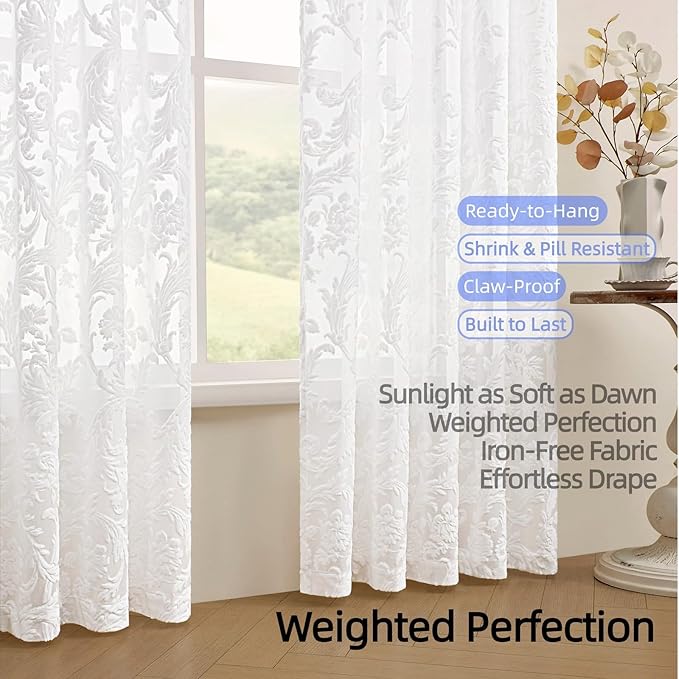 White Sheer Curtains for Living Room Boho Rod Pocket Light Filtering Curtain Drapes 95 inches Long 2 Panels Set with Floral for Bedroom 3D Flocked Texture & Rococo Motifs Window Curtains 52"W*95"L