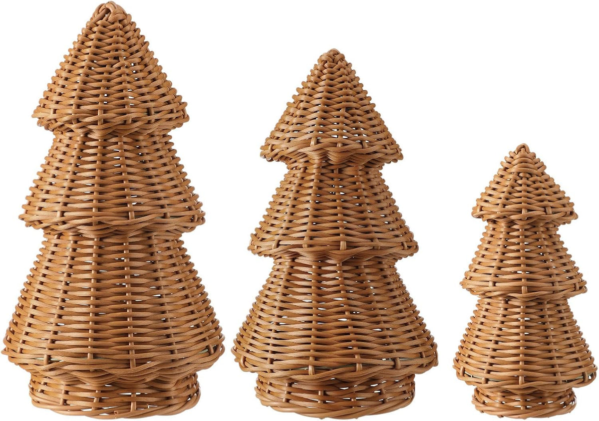 miniinflat 3 pcs woven rattan christmas tree decor on a desk or shelf