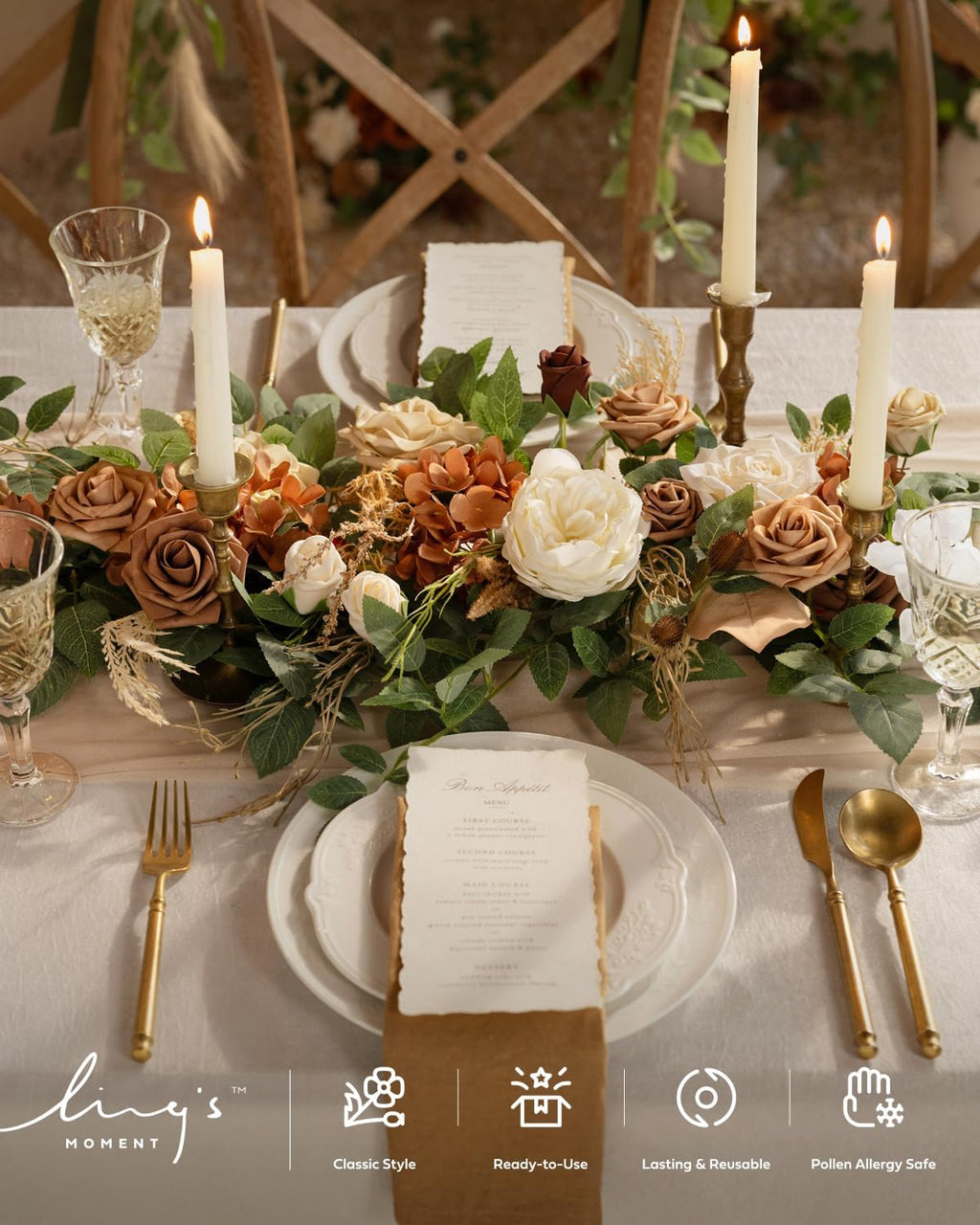 Ling's moment Flower Garland - 6FT Eucalyptus & Rose - Sweetheart Table Decor for Wedding Reception, Artificial Floral Garland for Mantle, Spring Garden Ceremony, Christmas Decoration, Beige Brown