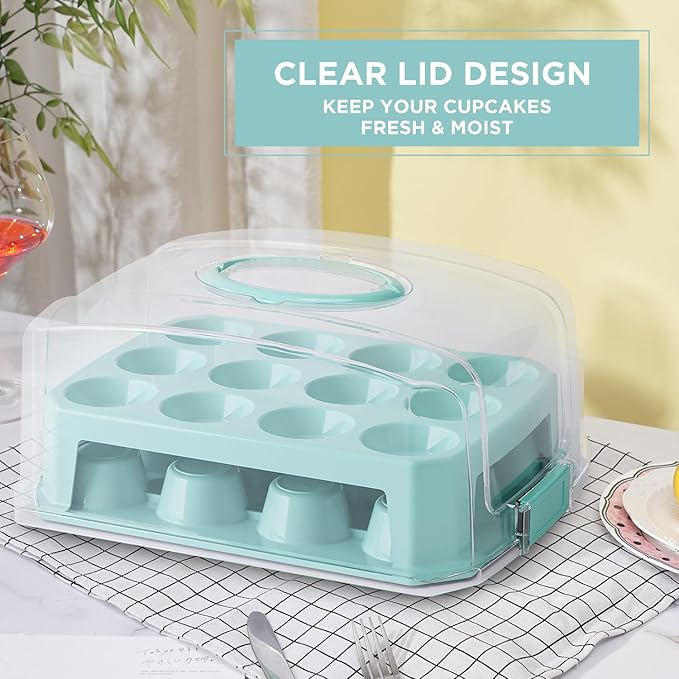 Cupcake Carrier 24 Count, Green Cupcake Holder, Cupcake Container with Lid and Handles, Muffin Traveler Two Tier Stand Reusable Cupcake Box