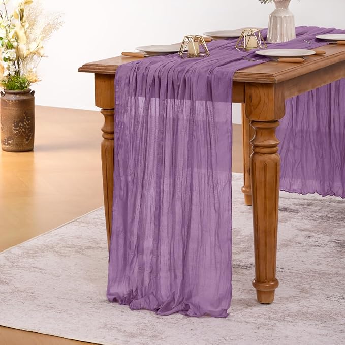MLMW 3 Pack Fall Table Runner Purple Cheesecloth Boho Rustic Sheer Cheese Cloth Table Runner 160 inch 13.3ft for Halloween Wedding Party Baby Bridal Shower Birthday