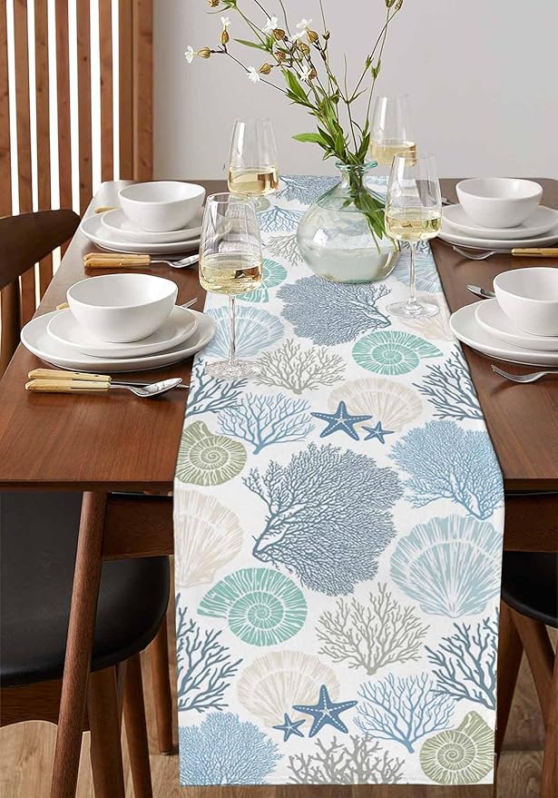 Coastal Coral Cotton Linen Table Runner for Dining Kitchen, Wedding Outdoor Party Tablerunners Decoration, Blue Nautical Starfish Ocean Shell Beach Dresser Scarf Coffee Tablecloth Runners 13x60 Inches