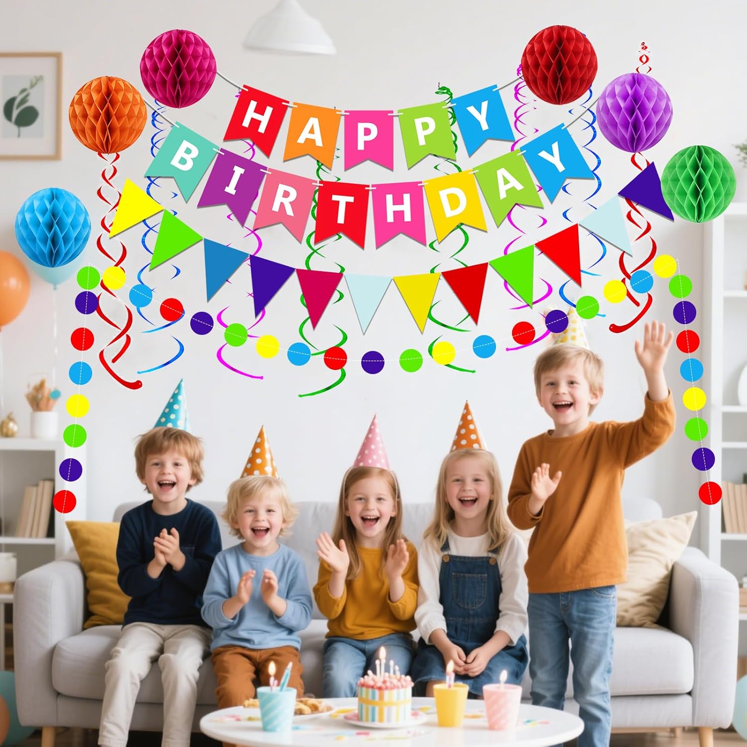 Fecedy Happy Birthday Banner With Colorful Paper Flag Bunting Paper Circle Confetti Garland Swirl Streamers Honeycomb ball for Birthday Party Decorations