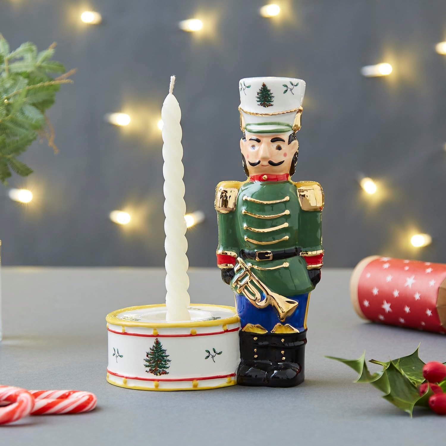 Spode Christmas Tree Nutcracker Candle Holder, 7" Festive Holiday Decoration - Christmas Traditions Home Decor, Earthenware Candle Holder for Tealight Candles - Unique Christmas Centerpiece (Green)
