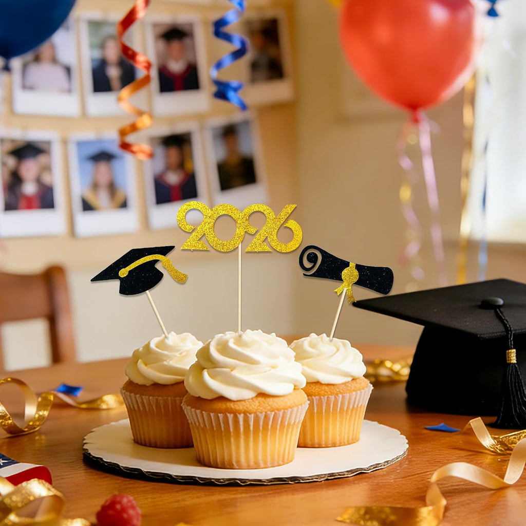 2026 Graduation Cupcake Toppers 48 Pack, Pre-Assembled Food & Appetizer Picks, Black Gold Grad Cap & Diploma Cupcake Decorations for Graduation Party