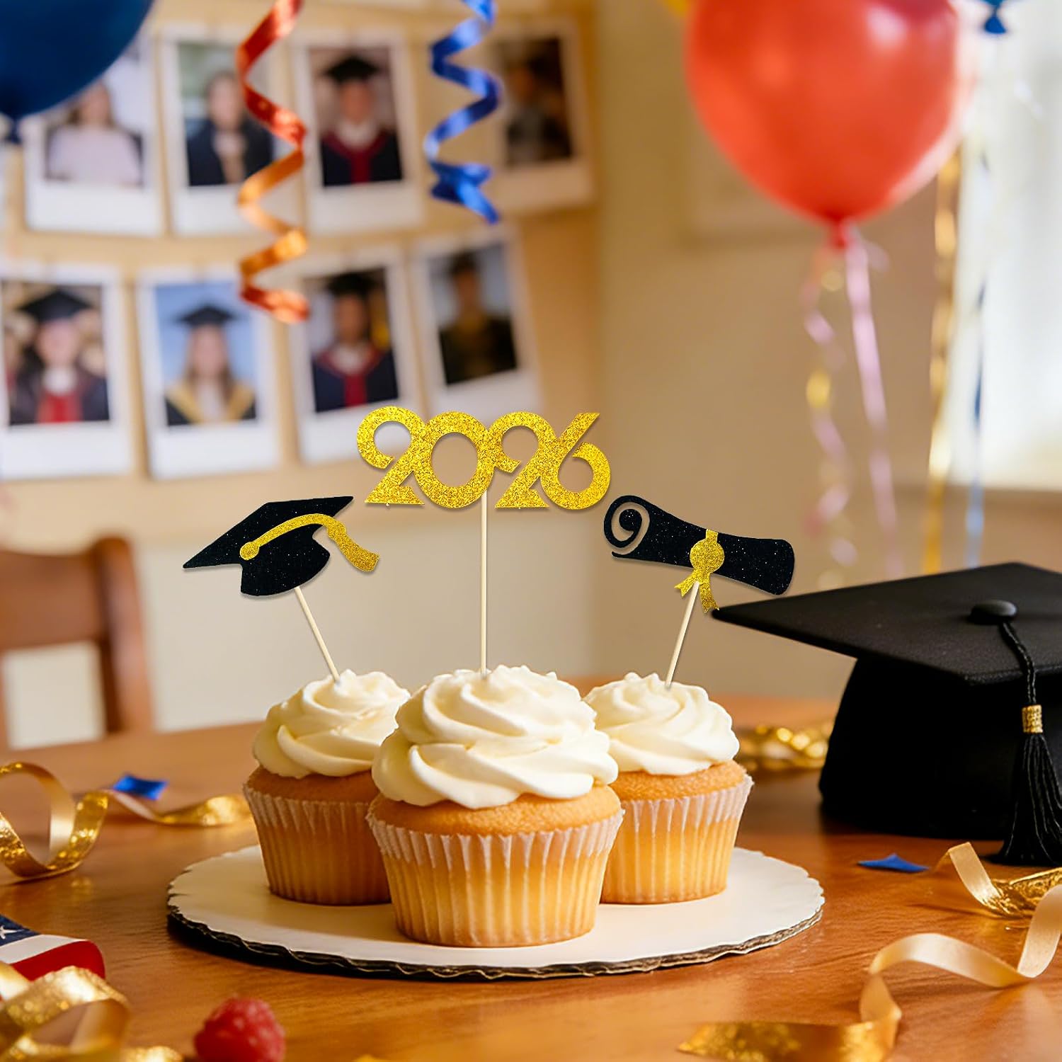2026 Graduation Cupcake Toppers 48 Pack, Pre-Assembled Food & Appetizer Picks, Black Gold Grad Cap & Diploma Cupcake Decorations for Graduation Party
