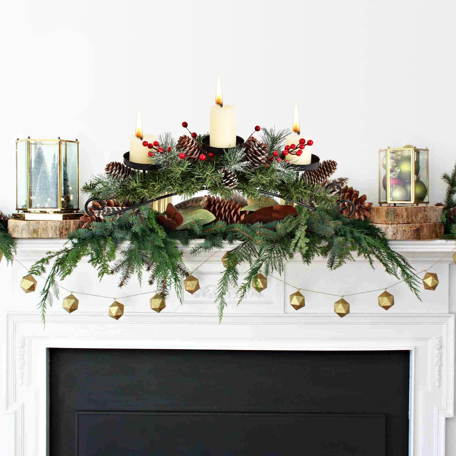 20 Inch Christmas Candle Holder Centerpiece with 3 Candle Holders, Pine Cones, Red Berry Table Accent for Festival Home Decoration