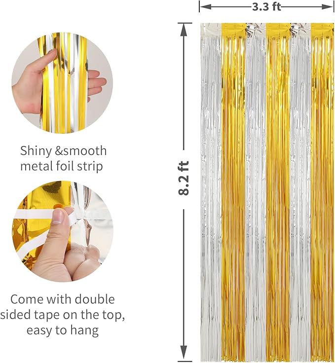 Crosize 2 Pack Foil Fringe Curtains Party Decorations, Gold Tinsel Curtain Backdrop for Parties, Door Streamers, Glitter Streamer Fringe Backdrop for Birthday Decoration (Gold and Silver, 2 Pack)