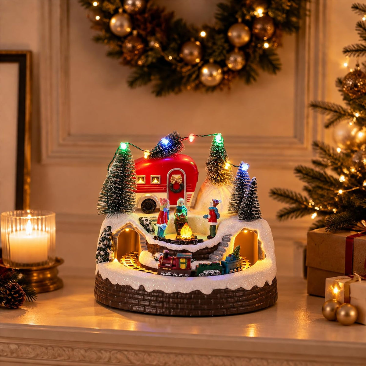 mumtop animated christmas village camper with moving train showing dimensions