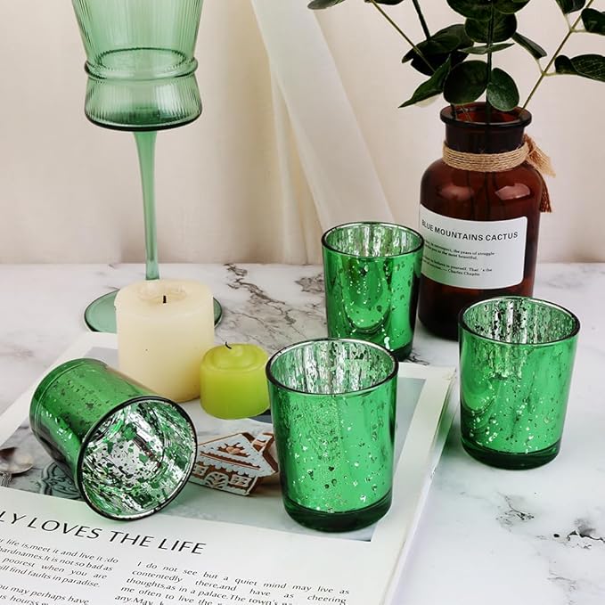 Green Mercury Glass Tea Light Holders Set of 36 - Elegant Votive Candle Holders for Weddings, Showers and Home Decor - Perfect for Table Centerpieces and Parties (Glass, Green)