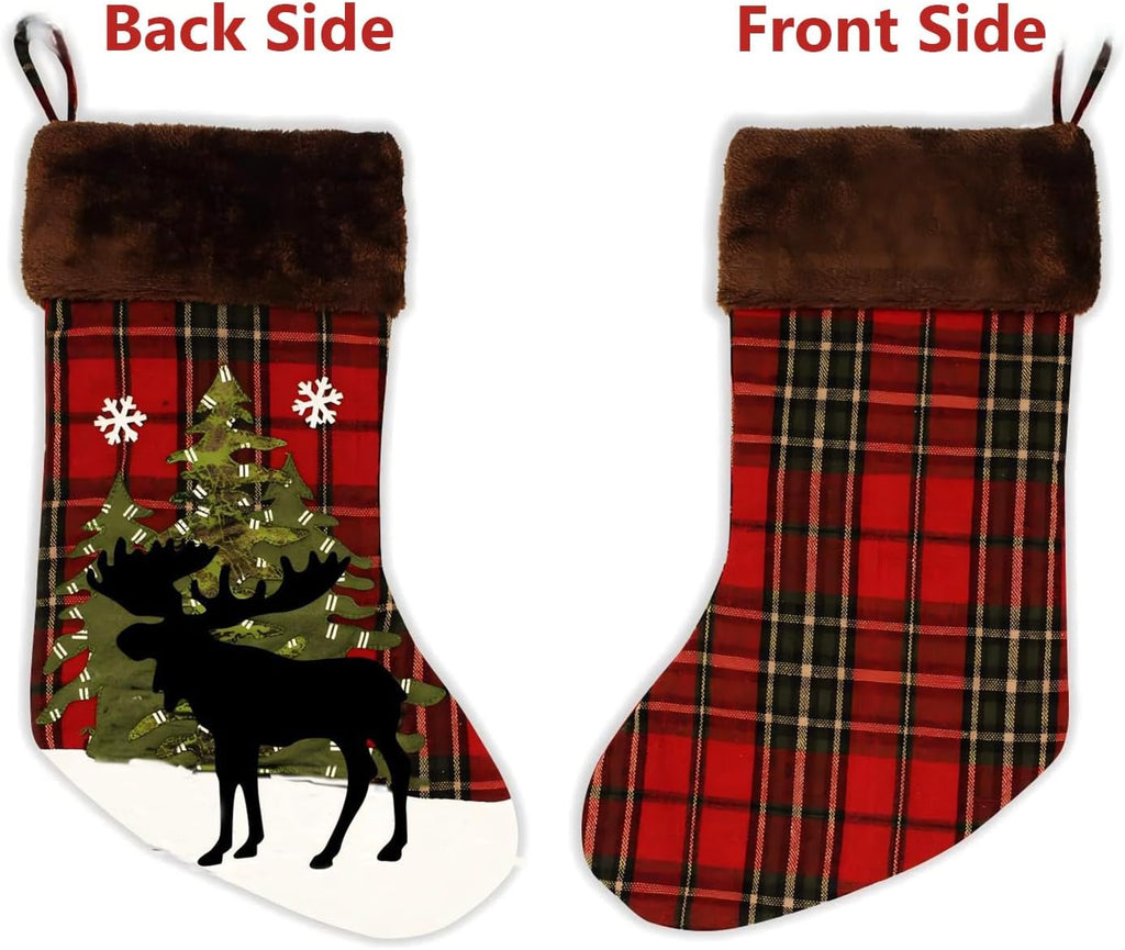 20 inch Big Moose Christmas Stockings, Single Black Deer Reindeer Buffalo Plaid Cute Rustic Farmhouse Xmas Stocking with Snowflake for Baby Child Children Kids Girl Boy Christmas Décor (Big Moose)