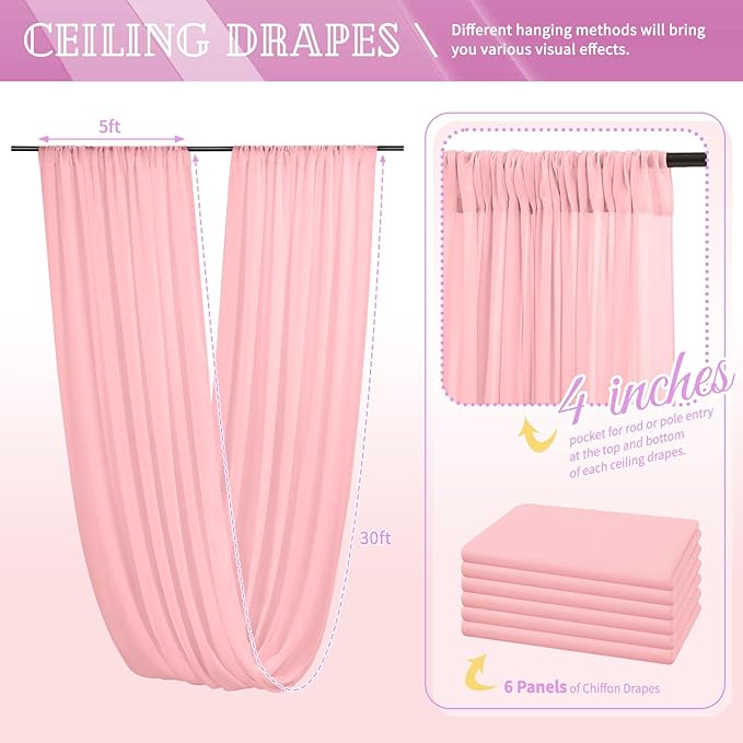 6 Panels Dusty Rose Ceiling Drapes for Wedding 5ftx30ft Chiffon Fabric Arch Draping Curtains Sheer Drapery for Party Ceremony Birthday Baby Shower Reception Stage Swag Ceiling Decorations