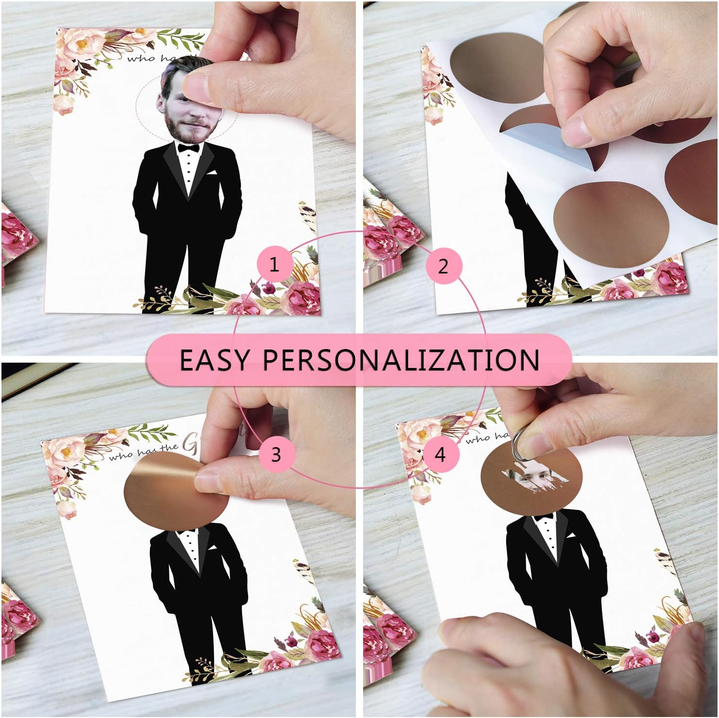 MORDUN Floral Bridal Shower Games - Who Has The Groom Scratch Off Celebrity Cards Tickets for 48 Guests - Funny Bachelorette Party Games Ideas - Rose Gold White