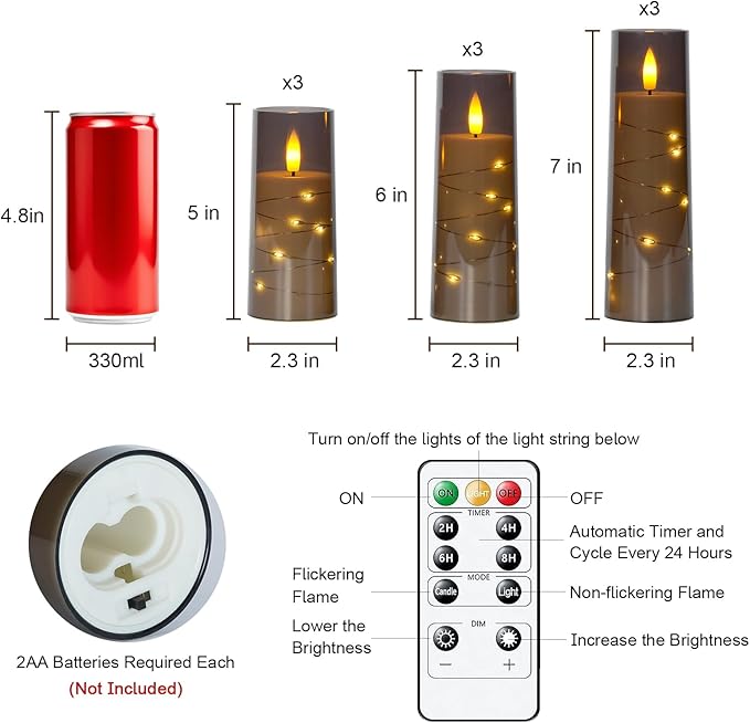 Raycare Flameless Candle with Remote Timer – 9 Flickering Acrylic Battery Operated LED Pillar Candles with Embedded Star String for Halloween, Fall Decor, Harvest Festival Gifts(Grey)