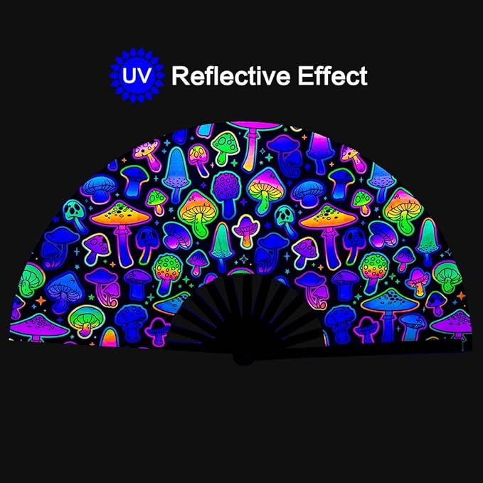 UV Glow Rave Fan, Bamboo Folding Clack Hand Fans Foldable for Men Women, Boots on the Ground Poping Fan for EDM Festival Line Dance Decoration, (Magic Mushrooms, Large 13")