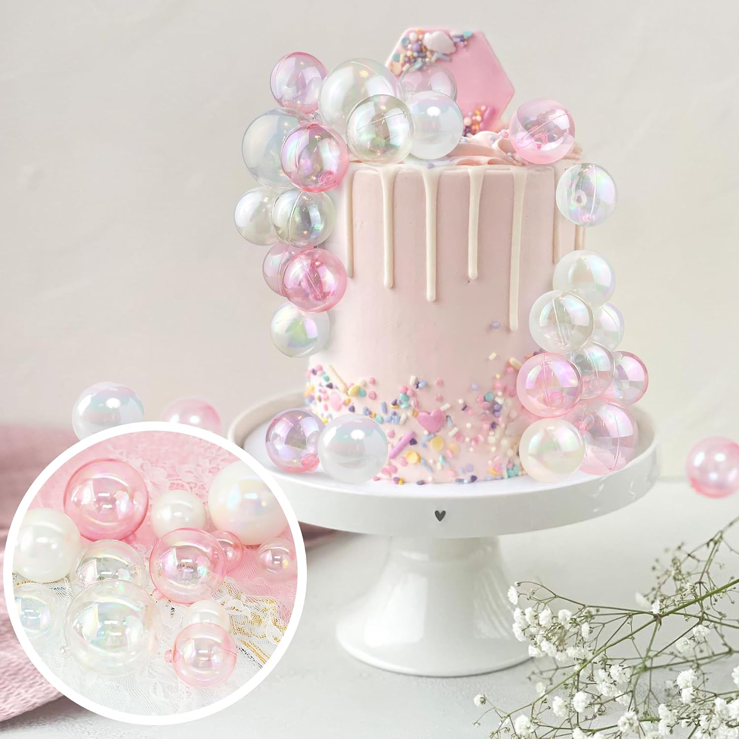 32 PCS Colorful Ball Shaped Cake Topper Pearl Balls Cupcake Cake Insert Topper for Birthday Party Wedding Decoration (White Clear Pink)
