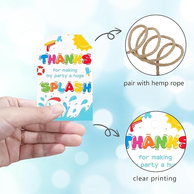 50pcs Pool Party Thank You Tags, Splish Splash Favor Tags for Summer Beach Ball Themed Birthday and Baby Shower Party Gift Wrapping Decoration (Splash)