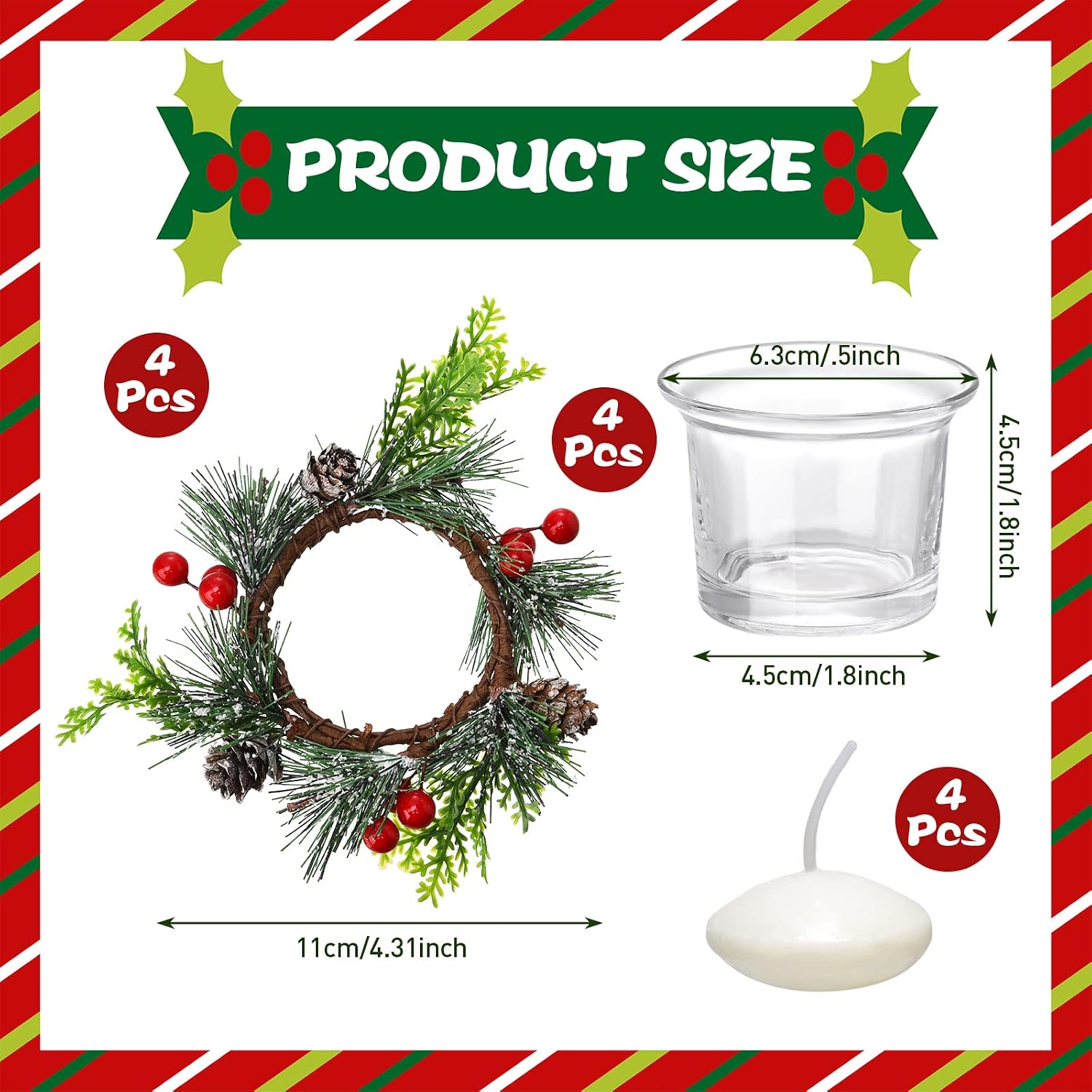 Dingion 12 Pcs Christmas Votive Candle Holder Set Xmas Table Centerpiece with Christmas Berry Candle Ring Decorative Glass Tealight Holder for Wedding Christian Church Xmas Holiday Table Decoration